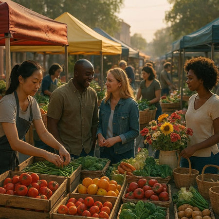 Group of people buying vegetables at a farmer's market in the morning