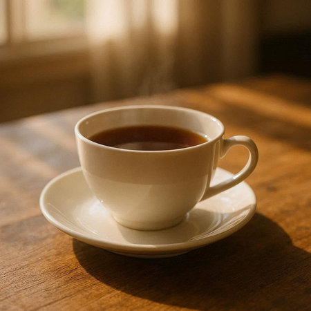 Coffee cup on wooden table in coffee shop, stock photo