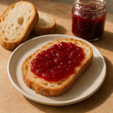 Homemade jam on a slice of bread on a wooden table.