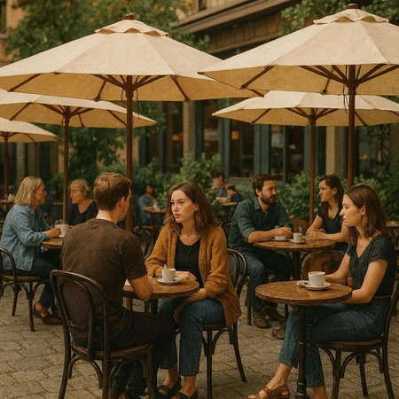 Group of friends sitting at a table in a cafe on the street