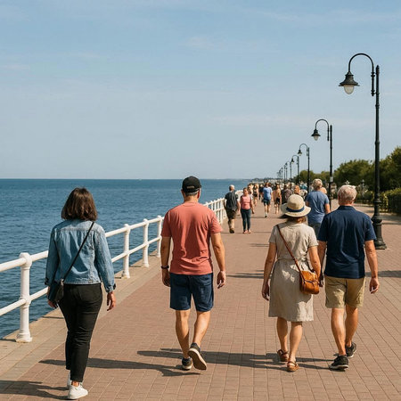 Tourists walk along the embankment of the Black Sea.