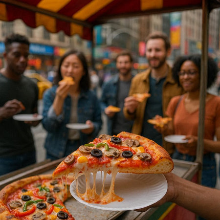 Group of diverse people eating pizza at street food festival in New York City