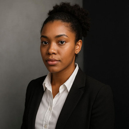 Young african american businesswoman in suit on grey background.