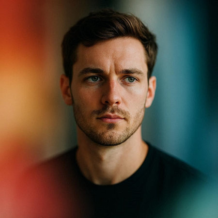 Portrait of a handsome man in black t-shirt looking at camera