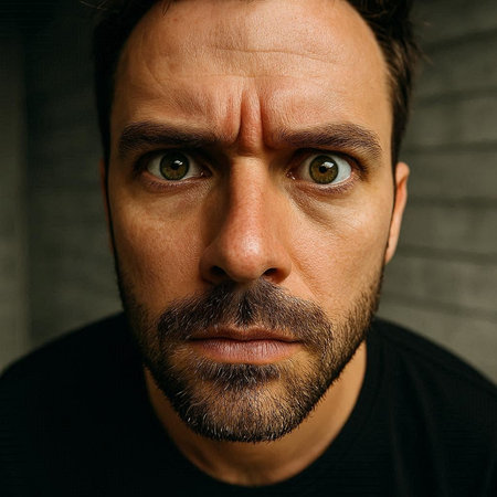 Close-up portrait of a man with a beard on a dark background