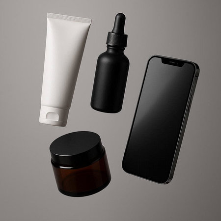 Mockup of a cosmetic product and a smartphone on a gray background