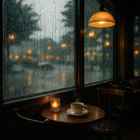 Coffee cup on a wooden table near the window with raindrops.