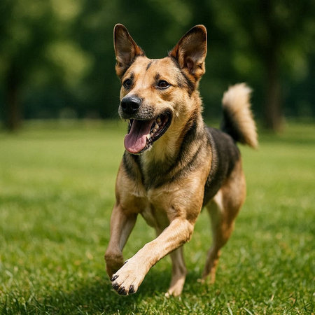 German shepherd dog running on the green grass in the park in summer
