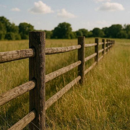 Wooden fence in a field with grass and trees in the background