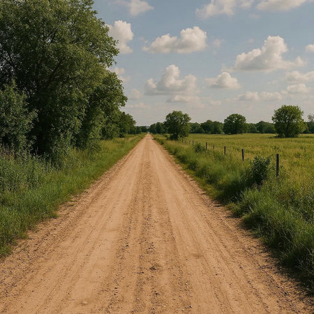 Dirt road in the field with blue sky and white clouds.