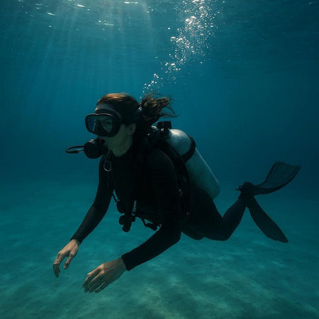 Young woman scuba diver with mask and fins swimming underwater in tropical sea