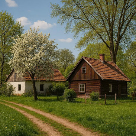 Countryside landscape with old farm house and blooming tree in spring
