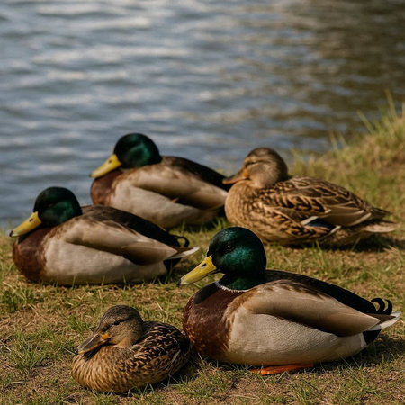 ducks on the grass by the lake in the spring, nature series