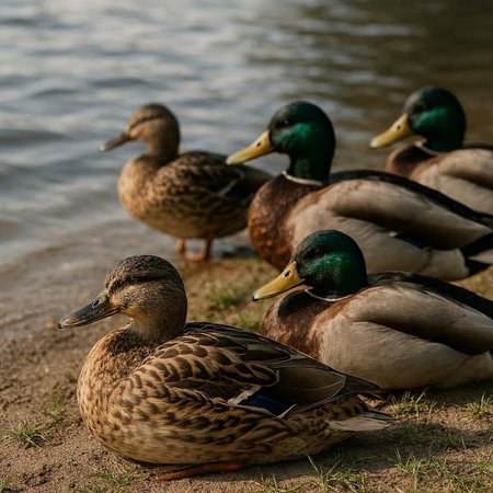 Group of ducks on the bank of the river in the summer.