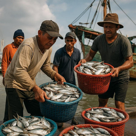 Fishermen are collecting fish from the sea in the morning.
