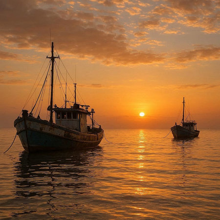 Fishing boats in the sea at sunset. Beautiful seascape.