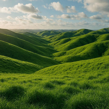 Green hills under blue sky with white clouds. Nature composition. 3d render