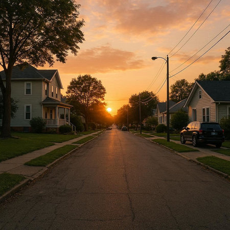 Sunset in a suburban neighborhood in the United States of America.