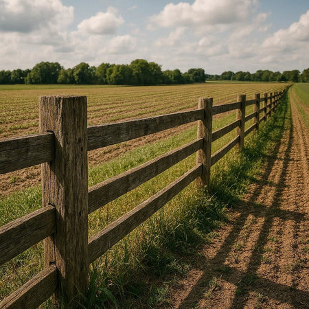 Wooden fence on a field in the countryside with trees in the background