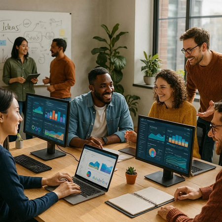 multiethnic business people working on computer screens at workplace in office