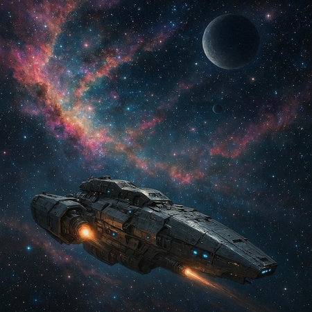 Space ship against the background of the starry sky. 3d rendering