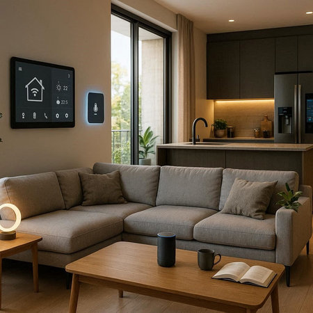 Interior of a modern living room with a grey sofa and a coffee table