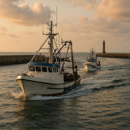 Fishing boat in the harbor at sunset, Cape Town, South Africa