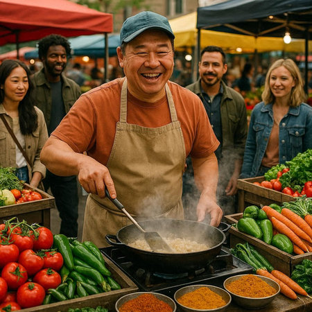 Smiling asian man selling fresh vegetables at a farmers market.