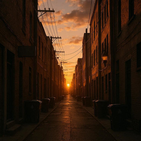 Sunset in a row of brick houses in an urban setting.