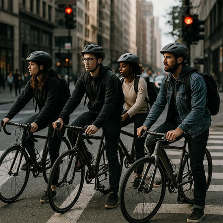 Group of young people riding bicycles on the street in the city.