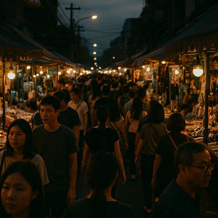 Unidentified Thai people walking in the night market of Bangkok.