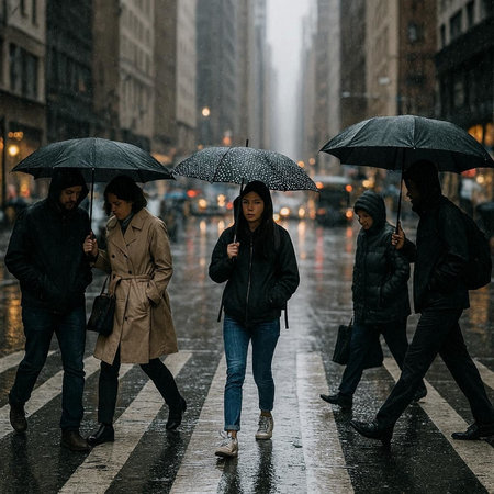 A group of people walking in the rain on a rainy day.