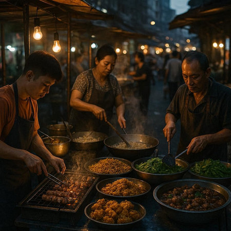 View of unknowns Nepali people cooking at Durbar square in Kathmandu in the evening