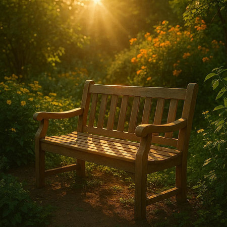 Wooden bench in a park at sunset. Beautiful summer landscape.