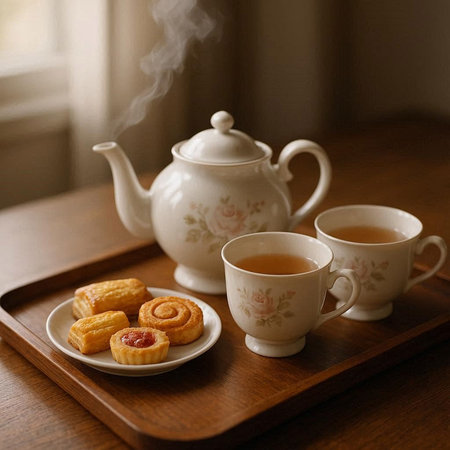 Cup of tea and pastries on a wooden tray with steam