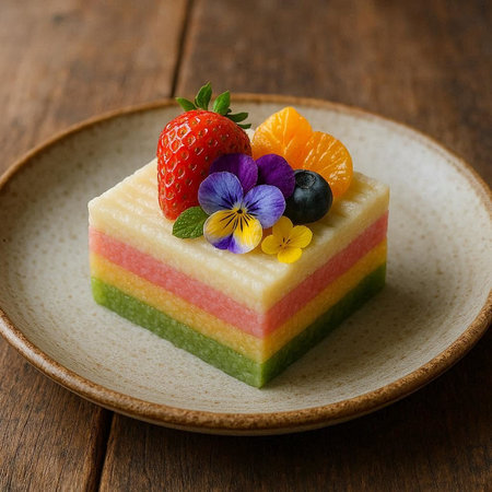 Rainbow cake with fresh fruit and violets on wooden background