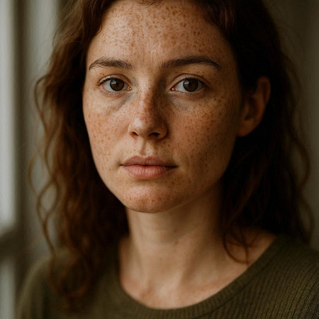 Portrait of a young woman with freckles on her face