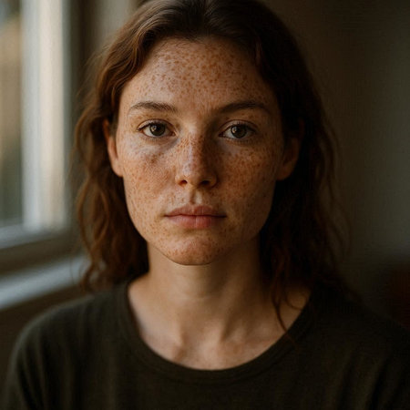 Portrait of a young woman with freckles on her face.