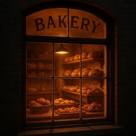 Bakery shop window with fresh baked bread. Bakery concept.