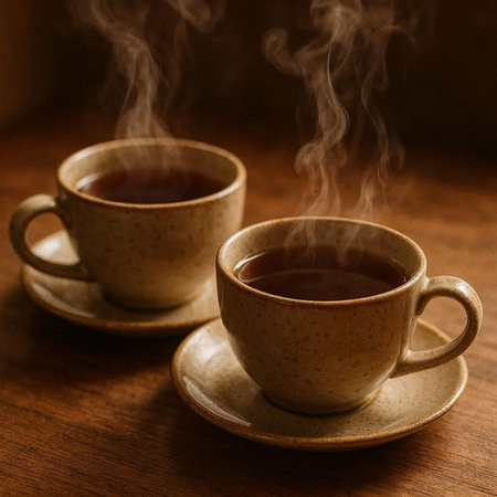 Two cups of hot tea with steam on a wooden table, close-up