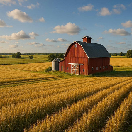 A red barn on a wheat field with a blue sky in the background