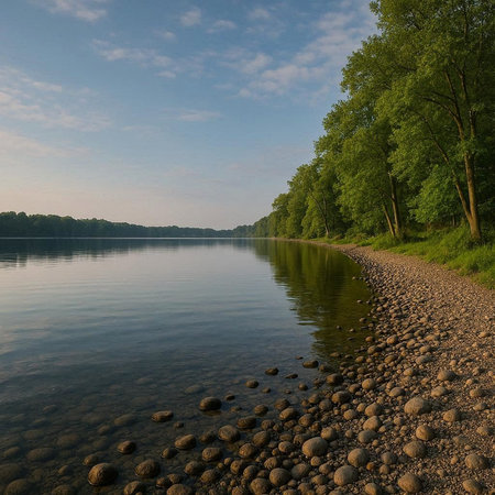Beautiful spring landscape in the forest on the shore of the lake
