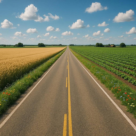 Country road in a wheat field with blue sky and white clouds.