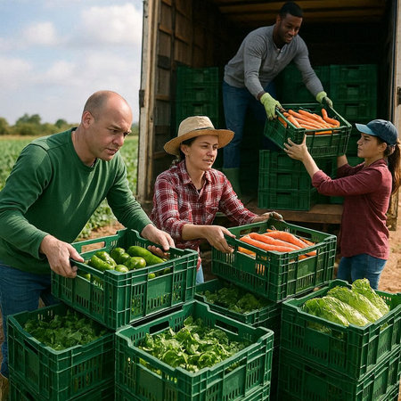 Farmers loading boxes of fresh vegetables to storage boxes on farm field
