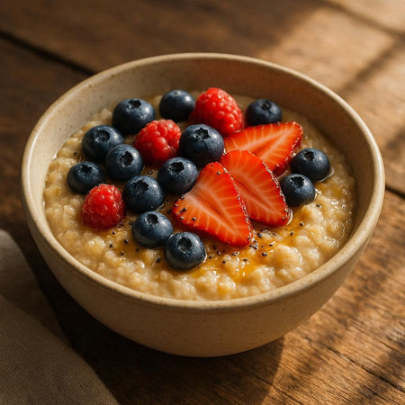 Oatmeal porridge with fresh berries in a bowl on wooden table