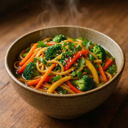 Chinese noodles with vegetables in a bowl on wooden table, close up