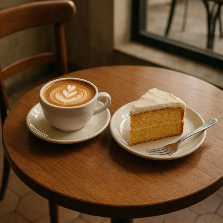 A cup of coffee and a piece of cake on a wooden table