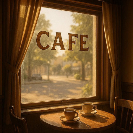 Coffee cup on a wooden table in front of the window