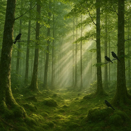 Mysterious green forest with crows in the rays of sunlight