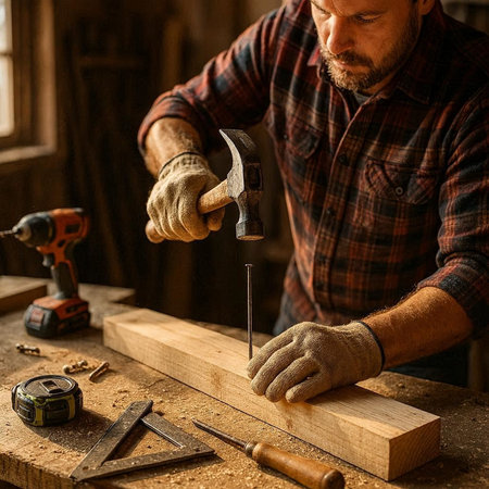 Carpenter working with a hammer and a nail in his workshop